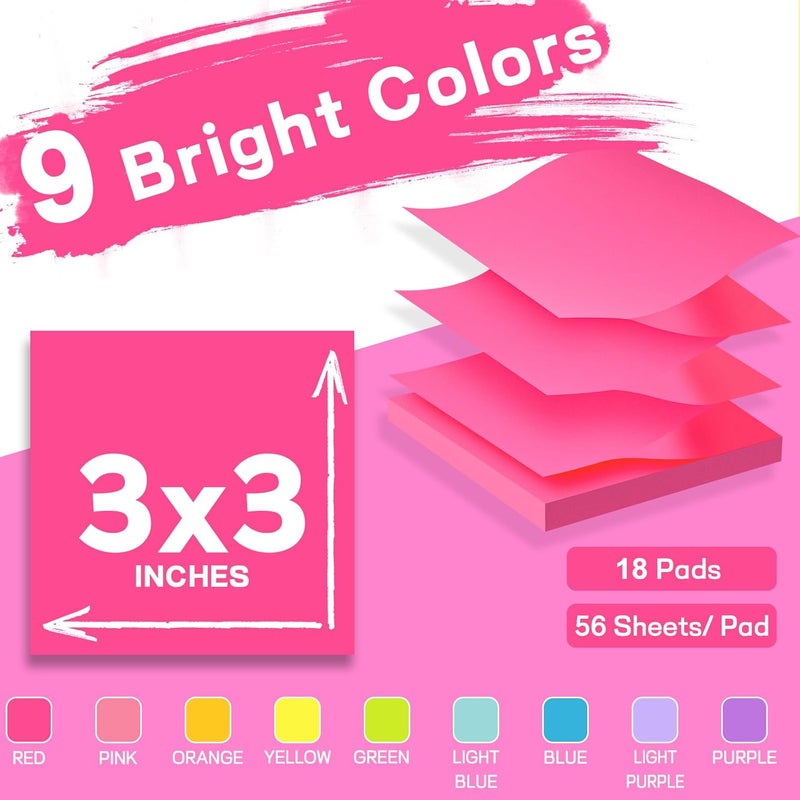 TKTB (18 Pads) Pop Up Sticky Notes 3x3 Refills, Strong Adhesive Memo Pad Bulk with 9 Bright Colors, Suitable for Home, Office, School, Clean Removal - Image 2